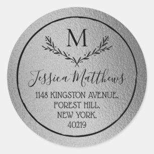 Silver Foil Wreath Custom Monogram Return Address Classic Round Sticker
