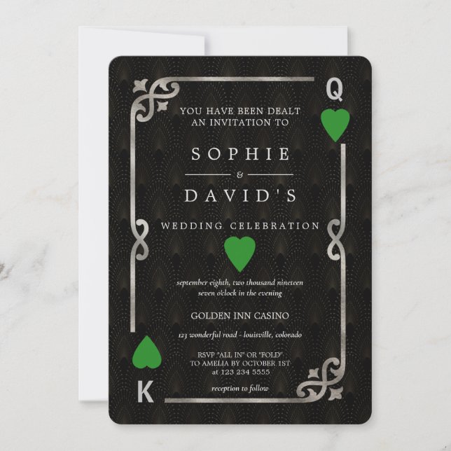 Silver Forest Green Casino Vegas Poker Wedding  Invitation (Front)
