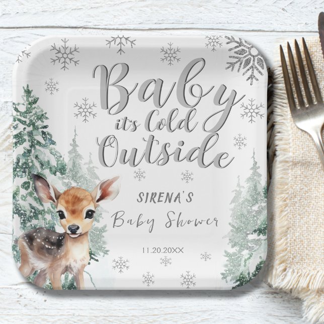 Silver Forest It's Cold Outside Winter Baby Shower Paper Plates (Creator Uploaded)