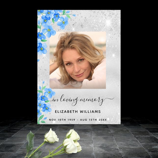 Silver forget me not floral photo memorial funeral poster (Creator Uploaded)