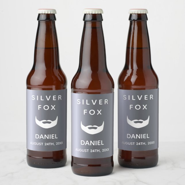 Silver fox birthday beard men guys beer bottle label (Bottles)