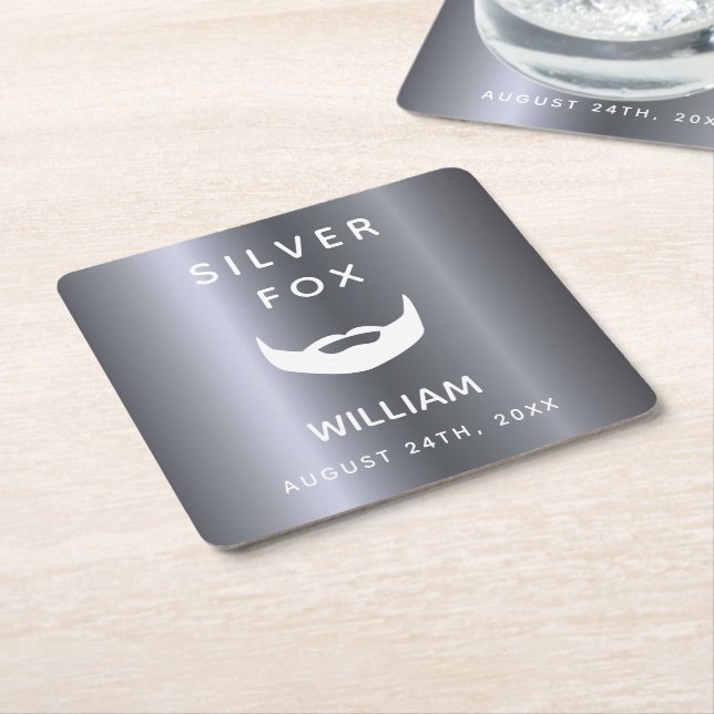 Silver fox birthday beard men guys gray trendy square paper coaster (Angled)
