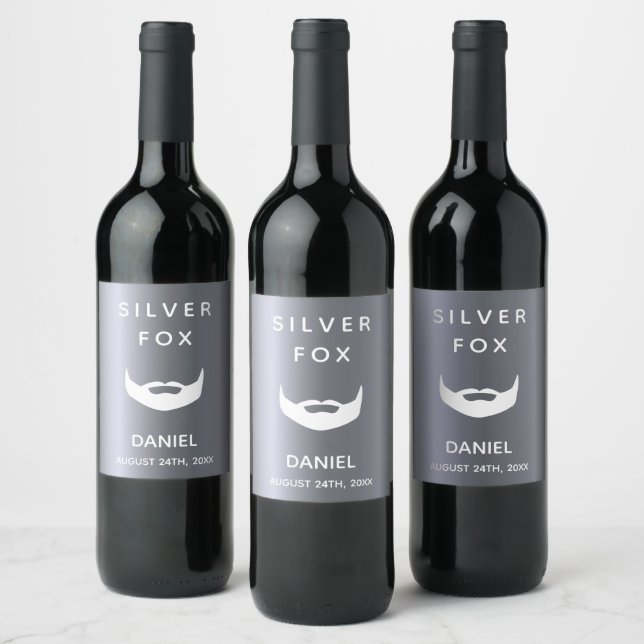 Silver fox birthday beard men guys gray trendy wine label (Bottles)