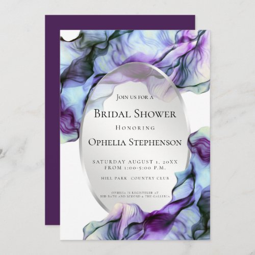 Silver Frame Abstract Plum Teal Flowing Ink Invitation