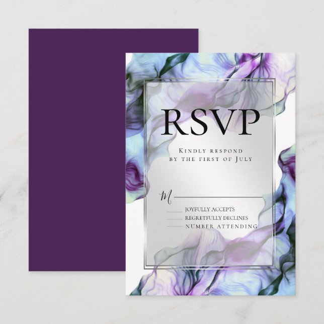 Silver Frame Abstract Plum Teal Flowing Ink Invitation (Front/Back)