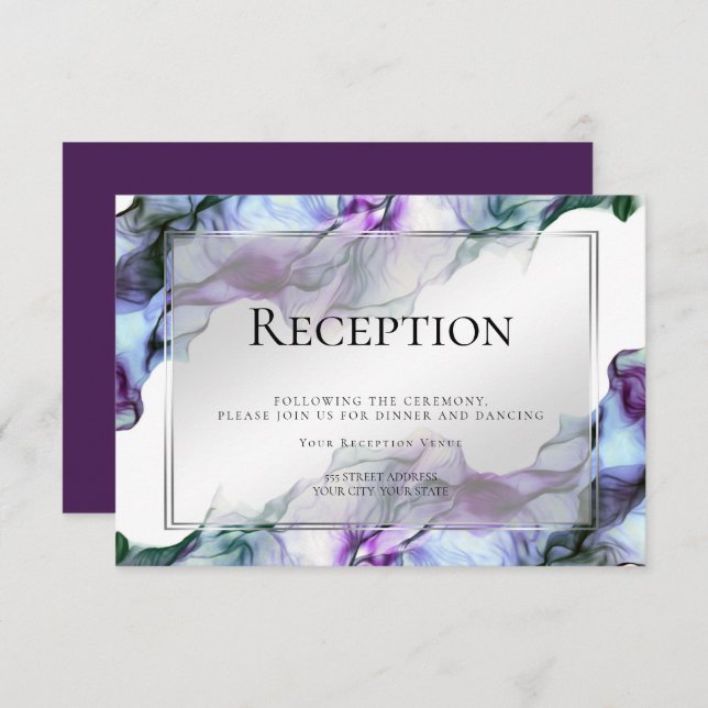 Silver Frame Abstract Plum Teal Flowing Ink Invitation (Front/Back)