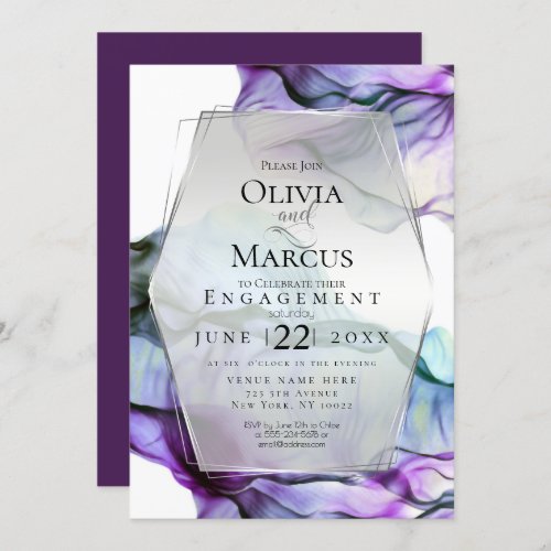Silver Frame Abstract Plum Teal Flowing Ink Invitation