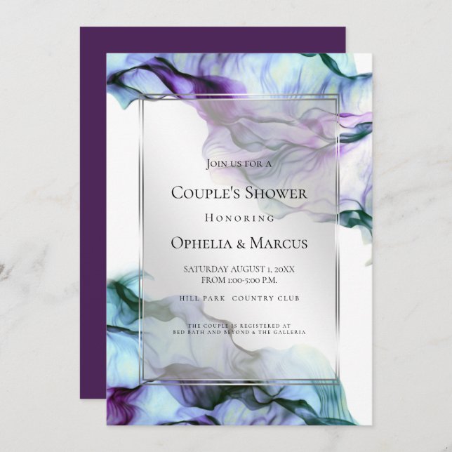 Silver Frame Abstract Plum Teal Flowing Ink Invitation (Front/Back)