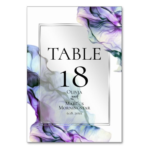Silver Frame Abstract Plum Teal Flowing Ink Table Number