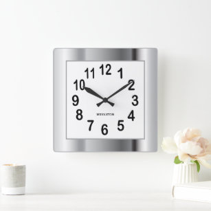 Silver Frame and Black Numbers  Square Wall Clock