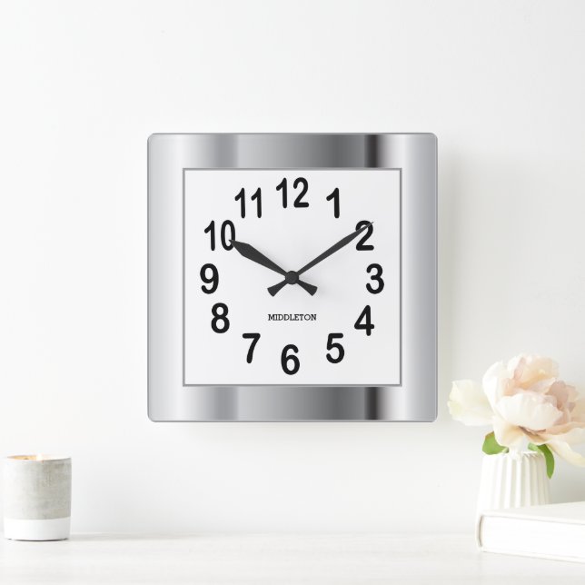 Silver Frame and Black Numbers  Square Wall Clock (Home)