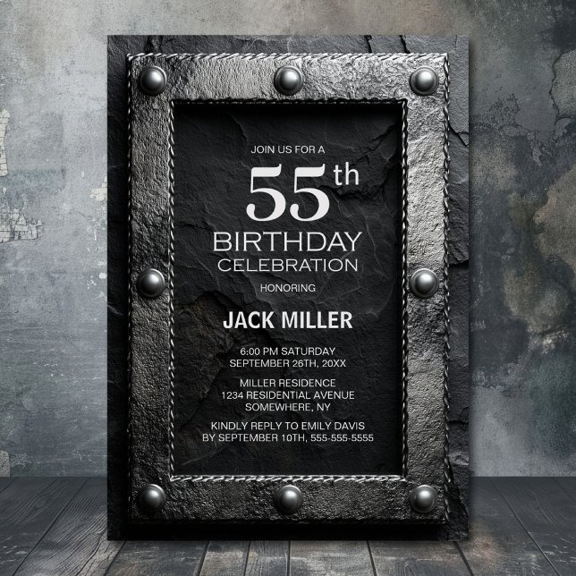Silver Frame Black Slate 55th Birthday Party Invitation (Creator Uploaded)