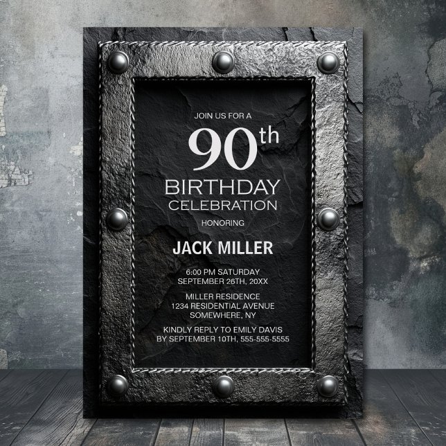 Silver Frame Black Slate 90th Birthday Party Invitation (Creator Uploaded)