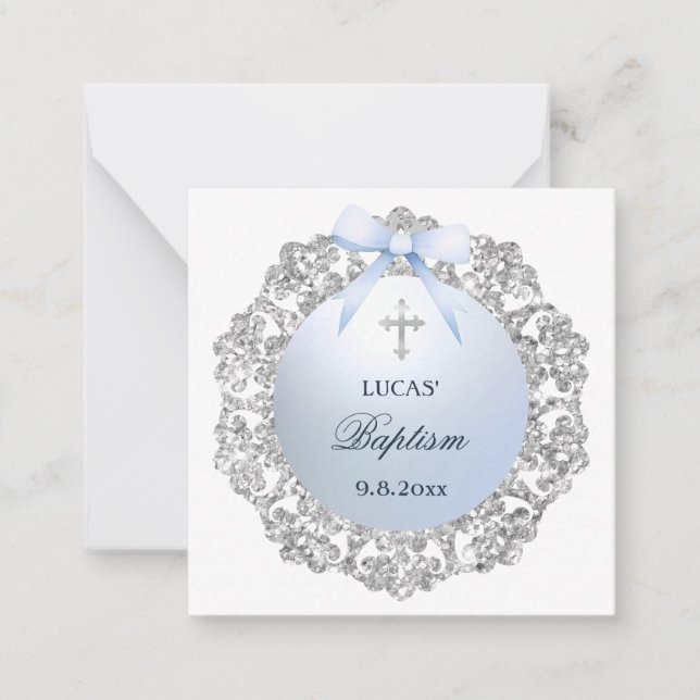 Silver Frame Blue Bow Baptism Gift Enclosure Note Card (Front)