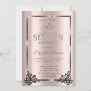 Silver Frame,Border,Tiara Rose Gold Sweet 16  Invitation