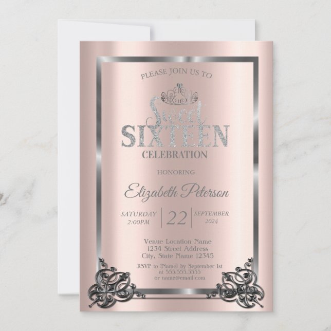 Silver Frame,Border,Tiara Rose Gold Sweet 16  Invitation (Front)