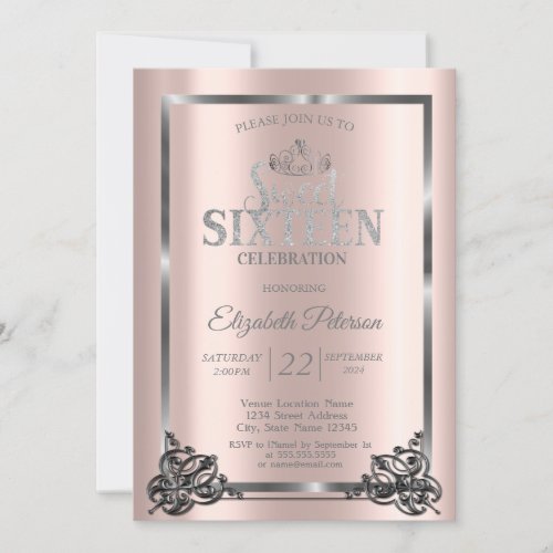 Silver FrameBorderTiara Rose Gold Sweet 16  Invitation