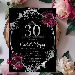 Silver Frame Burgundy Roses Black 30th Birthday Invitation