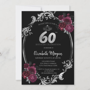 Silver Frame Burgundy Roses Black 60th Birthday Invitation