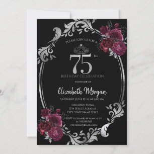 Silver Frame Burgundy Roses Black 75th Birthday Invitation