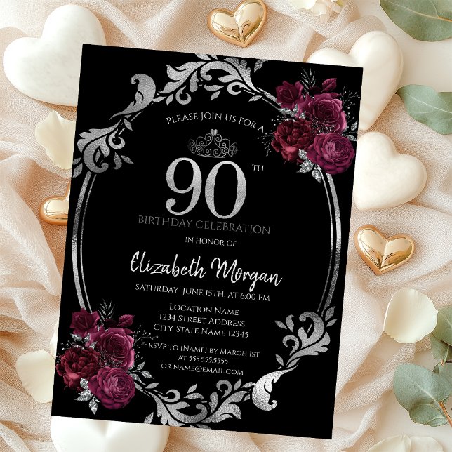 Silver Frame Burgundy Roses Black 90th Birthday Invitation (Creator Uploaded)