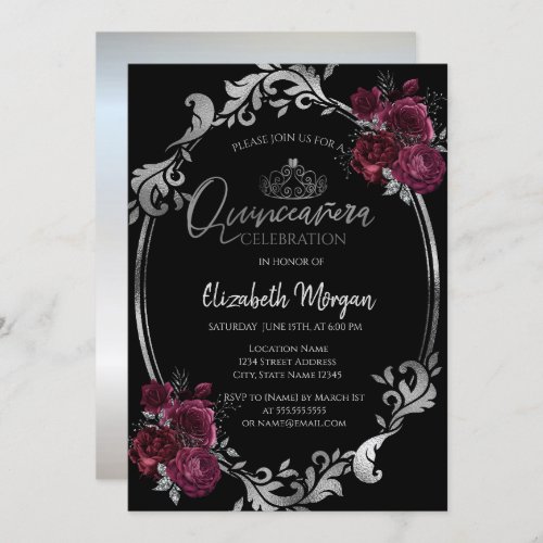 Silver Frame Burgundy Roses Black Quinceaera  Invitation