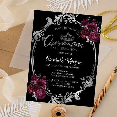 Silver Frame Burgundy Roses Black Quinceaera  Invitation