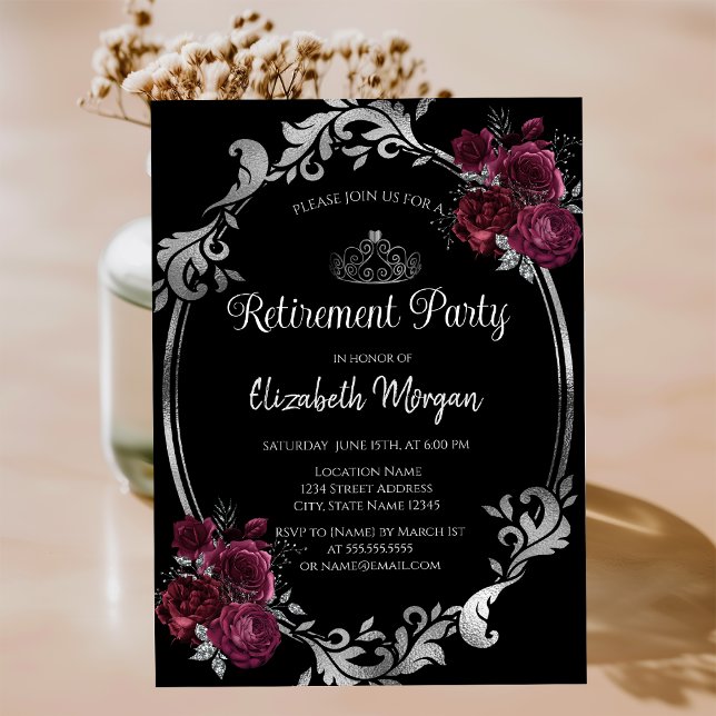 Silver Frame Burgundy Roses Black Retirement Invitation (Creator Uploaded)