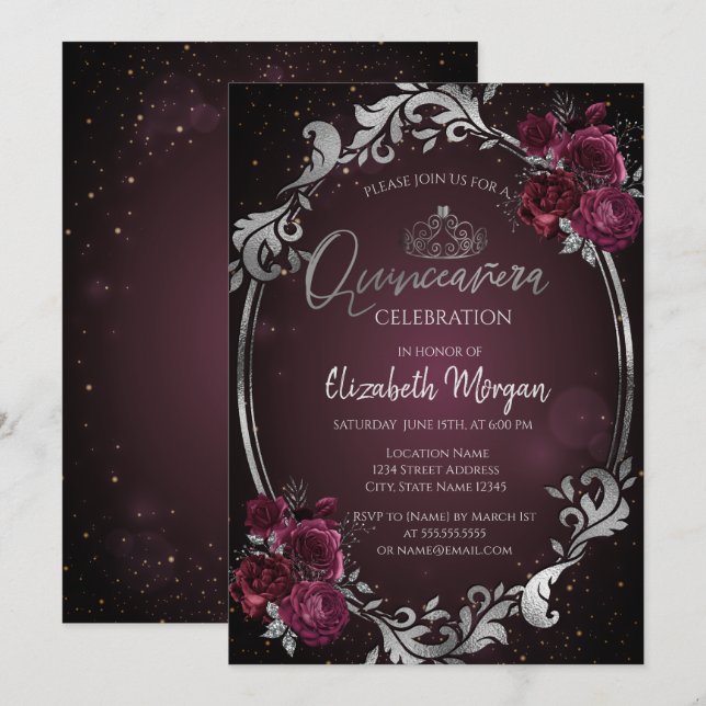 Silver Frame Burgundy Roses Dark Quinceañera  Invitation (Front/Back)