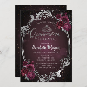 Silver Frame Burgundy Roses Dark Quinceañera Invitation