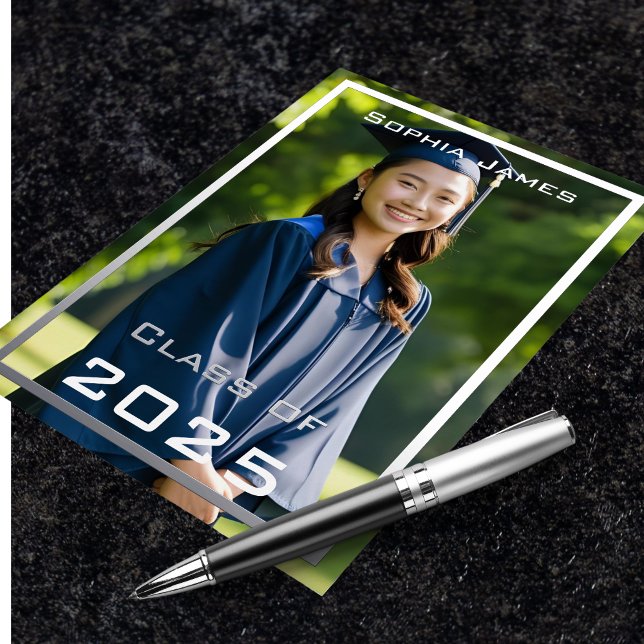 Silver   frame - class of 2025  foil invitation (real   foil  elements  in silver  color )