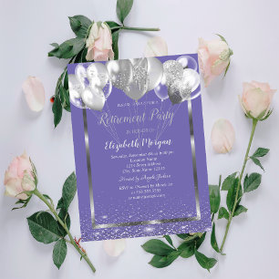 Silver Frame Confetti Balloons Violet Retirement Invitation