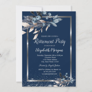 Silver Frame Confetti Winter Flowers Retirement Invitation