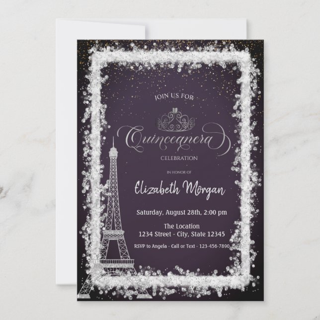 Silver Frame Eiffel Tower Dark Purple Quinceanera Invitation (Front)