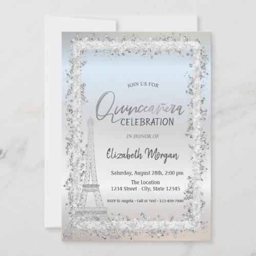 Silver Frame Eiffel Tower Silver Quinceanera Invitation