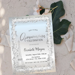 Silver Frame Eiffel Tower Silver Quinceanera Invitation