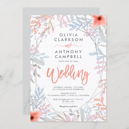 Silver frame floral watercolor script wedding invitation