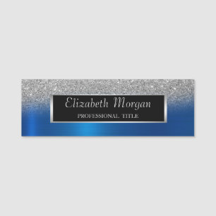 Silver Frame,Glitter Ombre Blue Metallic Name Tag