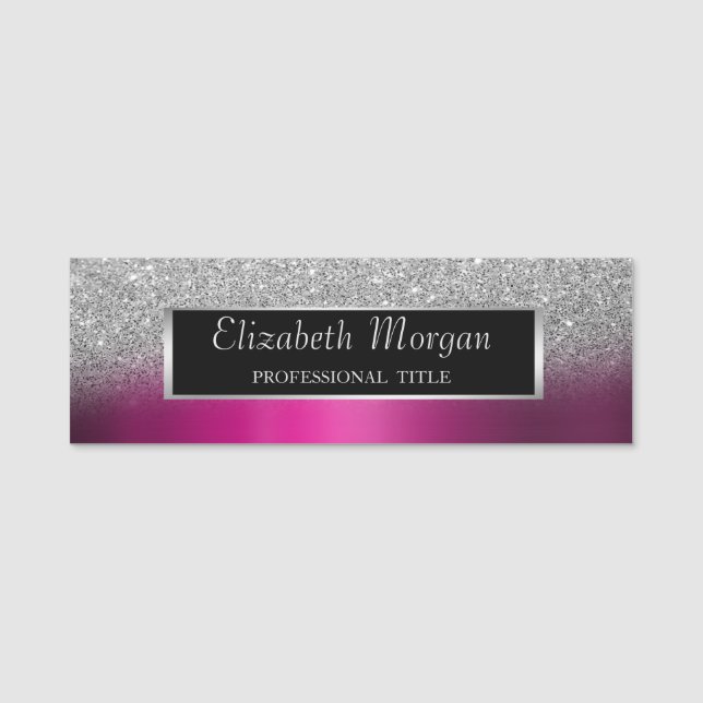 Silver  Frame,Glitter Ombre Purple Metallic Name Tag (Front)