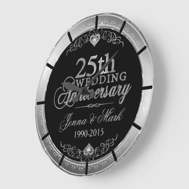 Silver Frame & Hearths 25th Wedding Anniversary Large Clock (Angle)