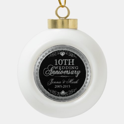 Silver Frame  Hearts 10th Wedding Anniversary Ceramic Ball Christmas Ornament