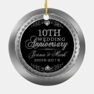 Silver Frame & Hearts 10th Wedding Anniversary Ceramic Ornament