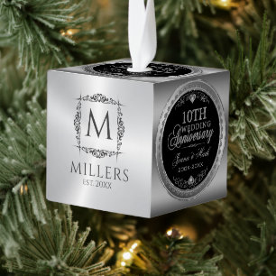 Silver Frame & Hearts 10th Wedding Anniversary Cube Ornament