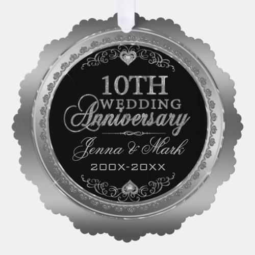 Silver Frame  Hearts 10th Wedding Anniversary Ornament Card
