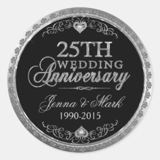 Silver Frame & Hearts 25th Wedding Anniversary Classic Round Sticker