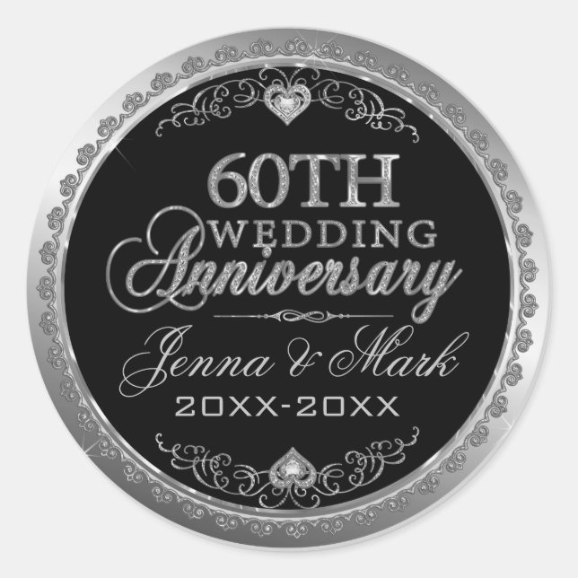 Silver Frame & Hearts 60th Wedding Anniversary Classic Round Sticker (Front)