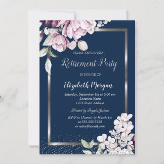 Silver Frame Lavander Flowers Retirement Invitation