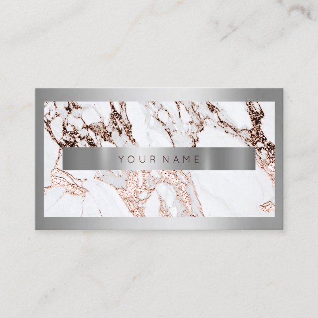 Silver Frame Metal Stone Gray Marble Rose Copper Business Card (Front)