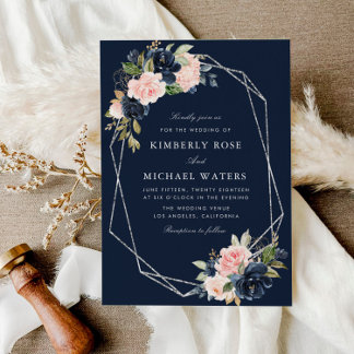 silver frame Navy and blush floral wedding Invitation