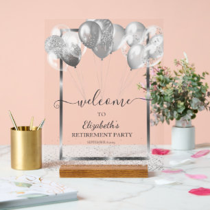 Silver Frame Navy Confetti Balloons Retirement Acrylic Sign